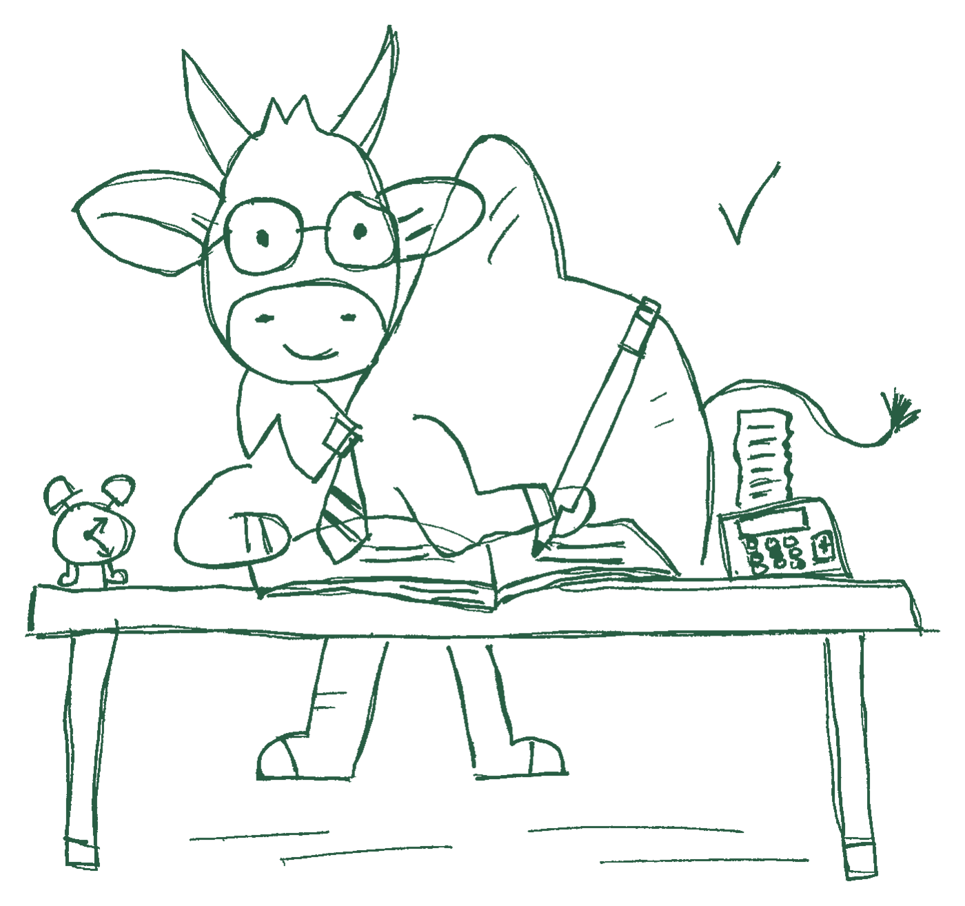 A hand-drawn green zebu in glasses, doing the accounts with a ledger and a very big pencil.